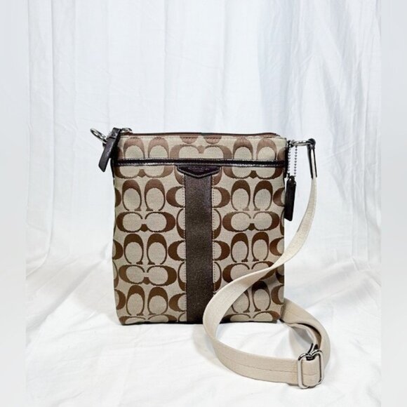 Coach Khaki Brown Canvas Signature Stripe North/South Cross Body Swing Pack - Picture 1 of 8